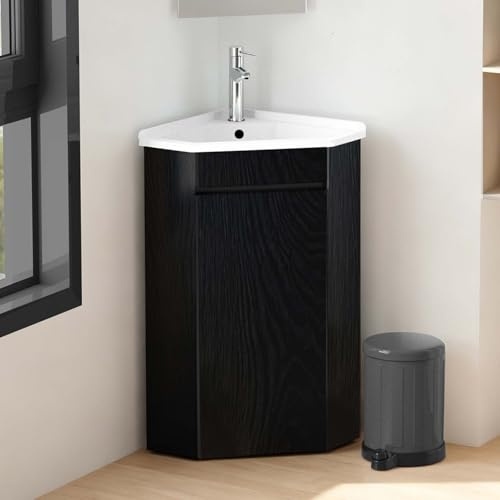 26 Corner Bathroom Vanity with Ceramic Sink for Small Space Freestanding Bathroom Cabinet Sink Combo with Shelf Modern Storage Cabinet with Console Sink Compact Space Small Utility Sink with Drain