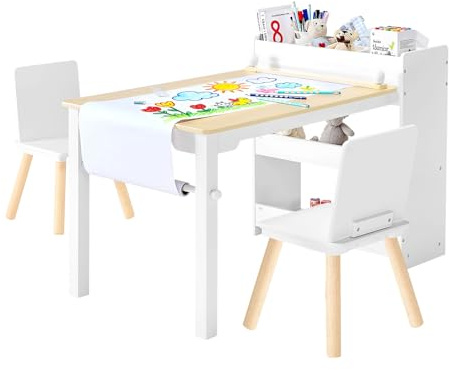 VEVOR Kindertisch mit 2 Stühlen & 3-stöckigem Aufbewahrungsschrank, Maltisch Set zum Lesen Lernen Zeichnen Schreiben, Kindersitzgruppe Kindertagesstätte, Basteltisch Spieltisch Schreibtisch, Weiß
