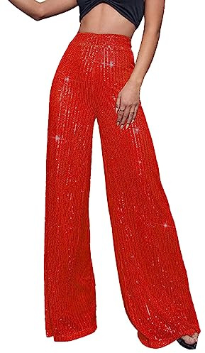 Generisch Damen Glitzer Pailletten Lang Palazzo Hose High Waist Weites Bein Karneval Kostüm Party Disco Festival Hose Sexy Rave Outfit