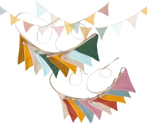 2 Pack Organic Cotton Muslin Bunting | Double Sided Pastel Triangle Pennant Flags | 2.6M Fabric Garland for Nursery, Baby Shower, Birthday & Children's Room Decoration