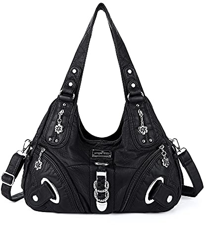 Angelkiss Women Multiple Pockets Purses and Handbags Washed Leather, Two Top Zippers Closure, Black