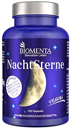 BIOMENTA Nachtsterne – 120 Baldrian Kapseln hochdosiert - Wirkstoffkomplex mit Hopfen, GABA, Melisse, Passionsblume, Lavendel, Magnesium, Vitamin C, B-Vitaminen - vegan - Premiumqualität