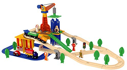 URBN Toys Schienen-Set aus Holz, 2 Ebenen, mit magnetischem Kran, Spielzeug