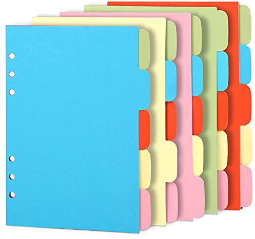Teenitor A5-Trennblätter, Unterteiler, Blätter aus Papier, 5 Sets, bunt, mit 6 Löchern, Einlagen für Notizbücher, Planer, orange, rosa, gelb, blau, grün, insgesamt 25 Blatt