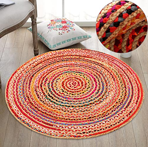 Lightnpro Bohemian Braided Rug 4 Feet Round - Multi Color, Circle Farmhouse Jute Cotton Area Rag Rug for Kitchen, Kids Bedroom, Playroom | Colorful Hand Woven Reversible Pet Friendly Carpet