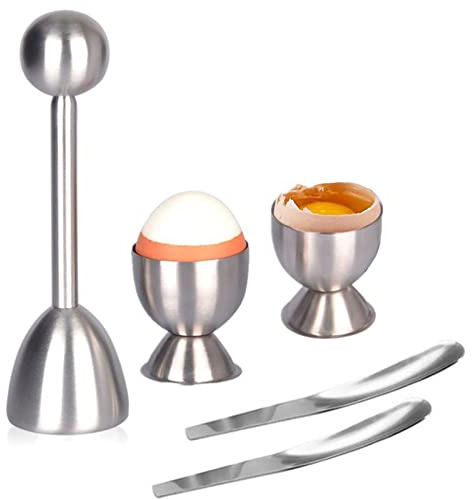 Egg Cutter Topper Set, 5 pcs Stainless Steel Egg Opener Egg Whacker Poached Egg Separator Egg Cracker Tool for Soft & Hard Boiled Eggs (2 Egg Cups+2 Flat Egg Spoons+1 Egg Topper Cutter Shell Remover)