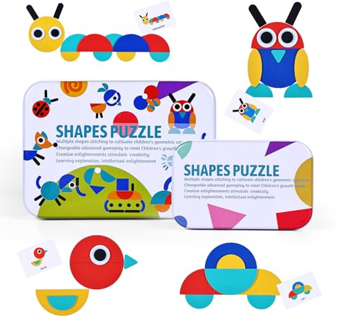 BBLIKE Smartgames Tangram för barn, 36 Montessori-träpussel, 60 st designkort, klassiska pedagogiska leksaker, sorterings- och staplingsspel för mindre barn (flerfärgad)