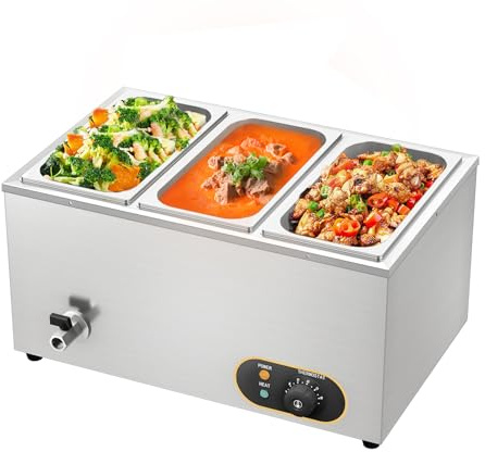 Commercial Bain Marie, 1500W Electric Food Warmer Stainless Steel Steam Table Temperature Control with Covers, Drain Tap, GN 1/3 Containers -150mm x3