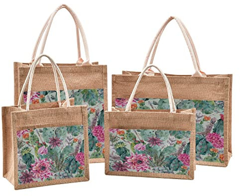 Mnsruu Vintage Cactus Plant Blossom Jute Tote Bags Women Grocery Shopping Bags with Handles for Outdoor Travel 8.7 x 11.8 x 5.9 inches