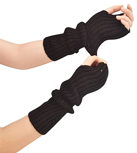 Suxgumoe Chauffe-bras pour femmes, gants sans doigts tricotés à manches longues, mitaines chauffe-poignets d'hiver avec trou pour le pouce pour dames et filles, a noir, taille unique