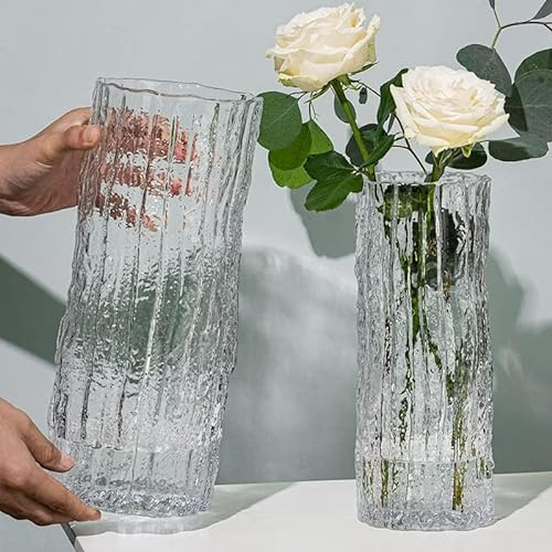 QEEYON Glasvase Modern Zylinder Glas Vase Groß Deko Vasen Handgefertigte Glacier Klar Glasvase mit Massivem Eisboden Glas Blumenvase für Home Office Hochzeit Dekor Geschenk (25 * 10cm)