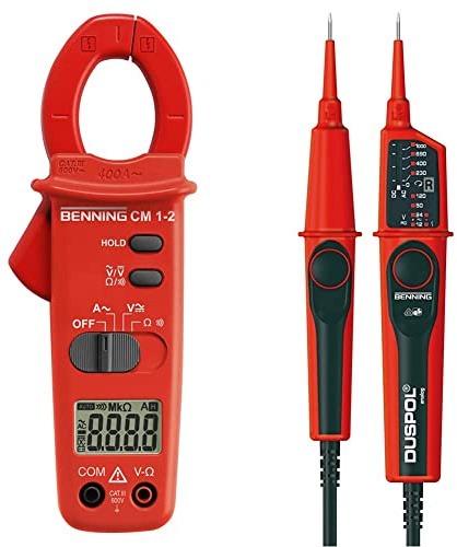 Benning CM 1-2 Digital- Stromzangen-Multimeter, 44062 & DUSPOL analog. Spannungsprüfer (mit Tauchspul-Pegelanzeige, Spannungsmessbereich 12 V - 1000 V AC/DC, Prüfart 2-polig) 50261