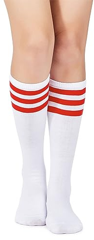 Durio Kniestrümpfe Damen Gestreifte Lange Socken Mädchen, 38-42 Stiefelsocken Elastische Atmungsaktive Ringelsocken für Halloween Karneval Fasching Alltag, Weiß Schwarz Rot Grün Gelb