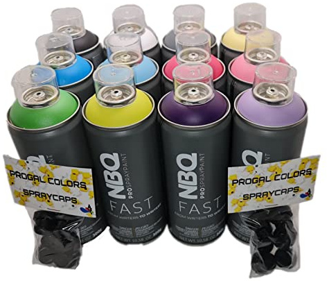 PROGAL COLORS NBQ FAST Master Pack (12x Spray 400mL + Difusor/Cap) Pintura en Spray de Alta Presión Acabado Mate Multisuperficie para Muralismo y Decoración