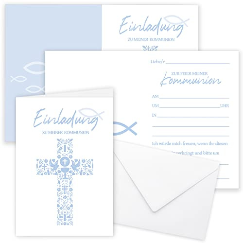 HOWAF 12 Einladungskarten Kommunion, Einladung Kommunion mit Umschlägen, Fisch Einladungen Karte Erstkommunion Konfirmation Firmung Taufe für Jungen Mädchen Communion, Confirmation, Christening, A