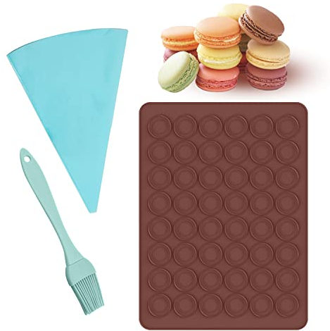 GVSAVY Macaron Baking Mat, 1 Oil Brush, 1 Piping Bag, 48-Hole Silicone Mat, Non-Stick, Can Make Chocolate & Biscuits (39 * 28cm)
