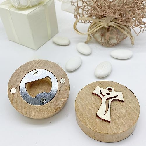 Doni Bomboniere 10 Apribottiglia Calamita in Bamboo Tondo di Colore Legno Naturale, con Applicazione TAO in Legno, Ideale per Occasioni Speciali Come Cresima e Comunione