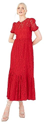 Lovedrobe Women's Midaxi Dress Ladies Red Short Sleeve Round Neck Puff Lace Empire A-line Bow Tie Open Back for Evening Occasion, Red, 10