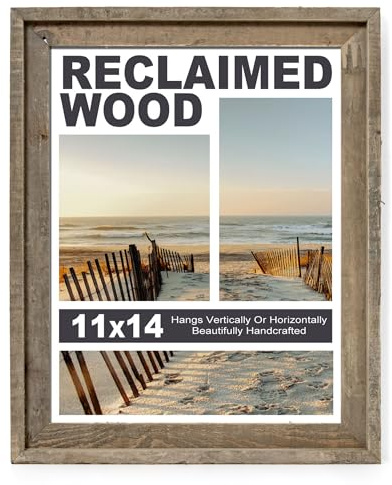 Rustic 11x14 Picture Frame, Reclaimed Barnwood Photo Frame with HD Tempered Glass, Distressed Family Art Gallery Corner, Horizontal and Vertical Wall Mounting Display with Hardware, Set of 1
