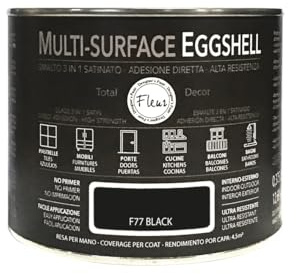 FLEUR DESIGNER'S PAINT | MULTI-SURFACE EGGSHELL Smalto Lavabile 3 in 1, Satinato, 375 ml, F77 Black, a Base Acqua, Adesione Diretta, Alta Resistenza, per Interno - Esterno, Made in Italy