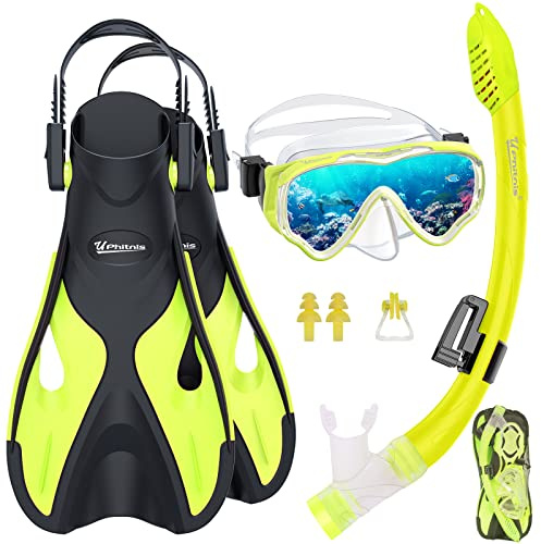 UPhitnis Schnorchelset Kinder mit Flossen,Anti-Fog 180°Panorama Taucherbrille Kinder, Verstellbaren Schwimmflossen und Premium Dry Schnorchel,3 in 1 Schnorcheln Set für Kinder mit Tragetasche