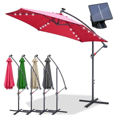 Jopassy Parasol déporté avec support, à manivelle, en aluminium, protection UV, imperméable, pour terrasse, balcon, jardin, 300 cm, 350 cm, Parasol déporté rouge avec LED, Ø300 cm mit LED Solar