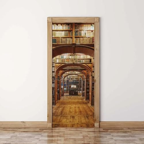 XAONUO Fototapeten 3D Türtapete Selbstklebend Retro Bibliothek Bücher Bücherregal 88X200Cm Selbstklebendes Pvc Wasserdicht Fototapete Türfolie Poster Tapete Abnehmbare Türabziehbilder Türdekoration