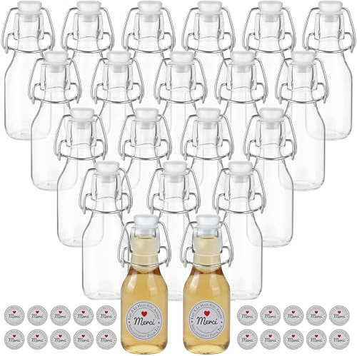 Winter Shore 120 ml Kleine Flaschen zum Befüllen mit Deckel & Etiketten (20er-Pack) - Wiederverwendbare Bügelverschluss Flasche Glas für Kombucha, Soße, Limonade - Schnapsflaschen zum Befüllen