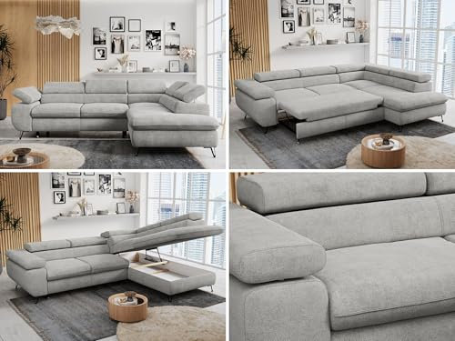 MKS MEBLE Ecksofa Wohnlandschaft L-Form mit Schlaffunktion und Bettkasten, Schlafsofa mit Bettkasten, Sofa mit Einstellbare Kopfstützen, Peter L - Stukture - Rechts Hellgrau