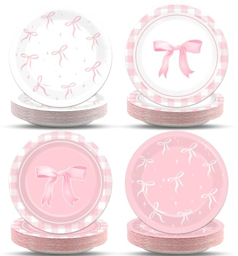 Justforjoyful 48pc Pink Bow Party Supplies - 7' Pink Bow Plates & Decor for Girl's Birthday, Bachelorette, Bridal, Engagement & Baby Shower - Cute Tableware & Dinnerware for 48 Guests