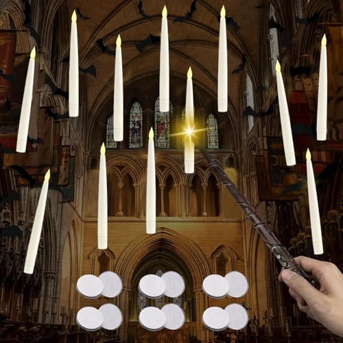 Halloween Dekoration Schwimmende LED Kerzen,Flammlose Kerzen mit Zauberstab Fernbedienung Flackernde Hängende Leuchtende Kerzenlichter für Party Home Tisch Kirche Hochzeit Indoor Dekor (Blanc)
