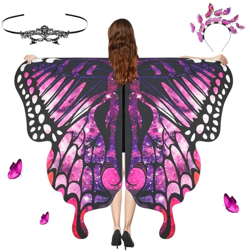Aomig Schmetterling Kostüm Damen 3Pcs Schmetterlingsflügel Erwachsene Frauen mit Maske Haarreif Bunter Schmetterling Umhang Flügel Nymphe Pixie Kostüm für Halloween Party Weihnachten Cosplay Karneval