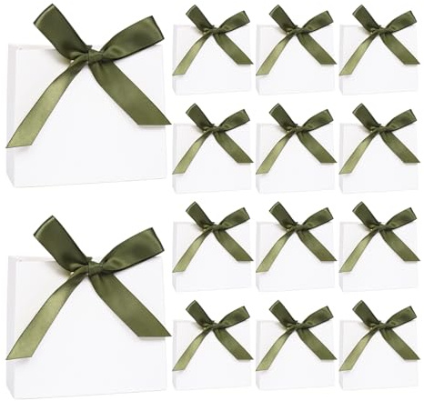 20 Stück Mini Geschenktüten mit Schleifen, 11,5× 4,5× 10 cm klein Weiß Geschenktüten Papiertüten für Weihnachten, Party, Geburtstag, Hochzeit(Grün Schleifen)