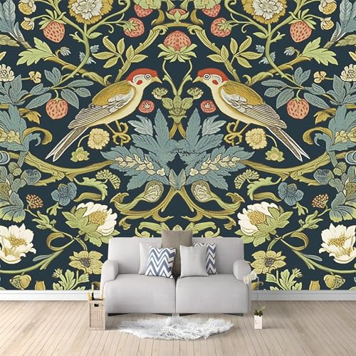 Générique Papier Peint Intissé William Morris Oiseaux Fraises 200 x 140 cm Papier Peint Photo Panoramique, Poster Geant Mural Personnalisé 3D, pour Salon Cuisines Chambre Adulte Enfant Décor Murale