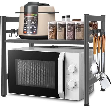 DWDHYEAN Erweiterbares Mikrowellen Regal Küchenregal Stehend Mikrowellenregal Küchenregal Stehend Küchen Organizer mit 6 Haken Organizer für Küchenarbeitsplatten (Schwarz)