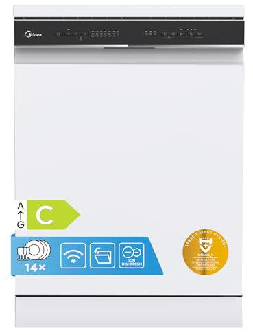 Midea Freestanding Dishwasher with 14 Place Settings, Wi-Fi Connected, 60 cm Width, 44dB Silence, Intensive Wash & Adjustable Basket, White-MDWEF1433D(W) [Energy Class C]