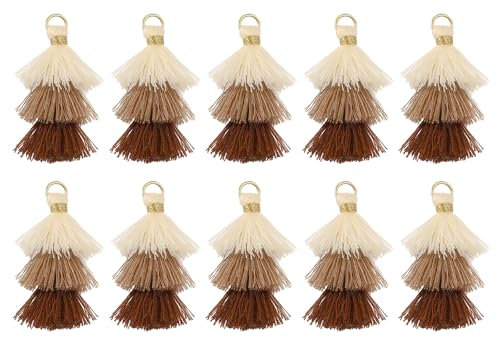 QUARKZMAN 10 Stück Winzige Dreischichtige Quasten 1,6 Mini Taschenanhänger Böhmische Handgefertigte Quasten Schlüsselanhänger für DIY Projekte Schmuckherstellung (Weiß/Roségold/Dunkelrot)