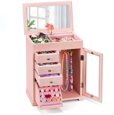 Emfogoo Musikalisches Schmuckkästchen für Mädchen, Großes Kinder Spieluhr Schmuckkästchen aus Holz mit Drehender Ballerina, 5 Ebenen Schmuckbox Schmuckaufbewahrung Geschenk für Prinzessinnen (Rosa)
