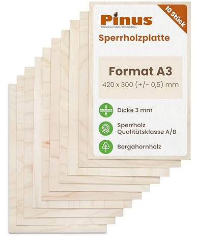 Pinus Sperrholzplatte A3 3mm 10 Stück 420x300 mm Bergahorn | 3 mm Stärke, Multiplex, B/B Qualität, glatt geschliffen, für Laser CNC Pyrographie Modellbau Dekor