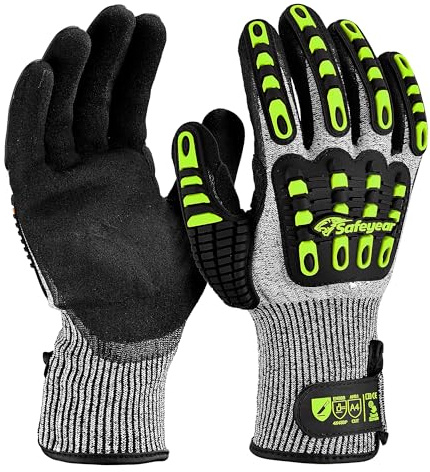 SAFEYEAR Level 5 - Guantes resistentes a los cortes, con revestimiento de arena de nitrilo con protección antigolpes TPR, guantes de trabajo antideslizantes amarillos y antivibración, con pantalla