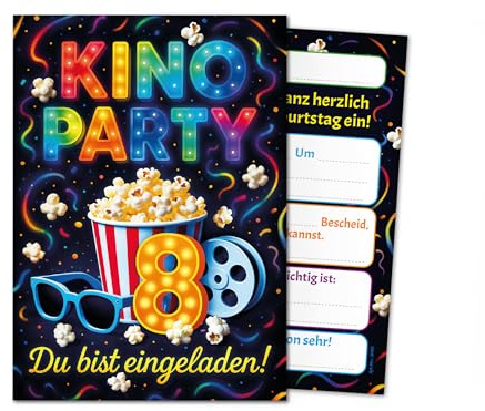 Junaversum 12 Einladungskarten zum 8. Kindergeburtstag Kino Party Mädchen Jungen bunt coole bunte Einladungen achte Geburtstag Geburtstagseinladungen Kids Kinogeburtstag