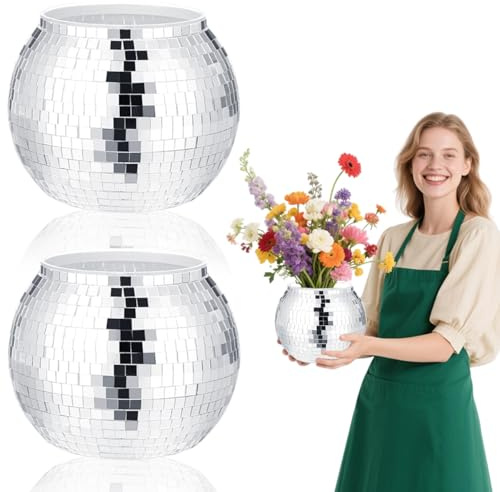 2 Pcs Disco Ball Vase,Plastic Disco Ball Centerpieces,7'' x 9'' Silver Disco Ball Planter Mirror Disco Ball Ice Bucket Disco Ball Decor Can Be Used for Wedding Centerpieces,Birthday,Office