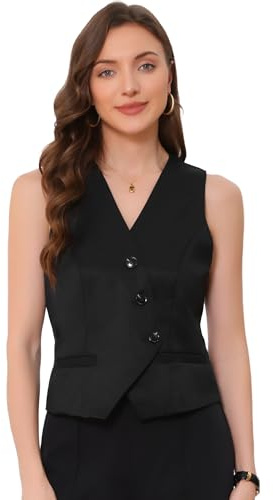 Blazer sans Manches Femme Col en V Boutonné | Gilet de Costume d'Affaires, Veste Court de Bureau avec Ceinture au Dos