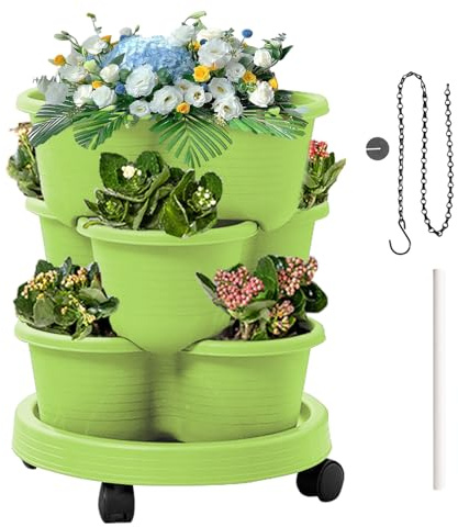Fyrdyn Jardín Vertical | Maceta Apilable - Torre de Macetas de 3 Niveles con Ruedas Removibles para Verduras Flores Fresas Cocina Interior Exterior Balcón y Patio