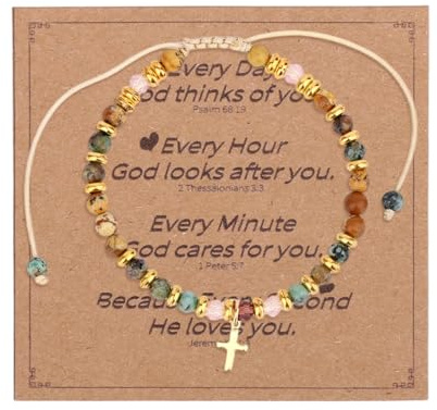 Mikovivi Christian Cross Bracelets for Women, Inspirational Natural Stone Bracelet Jesus Christian Gifts Adjustable Religious Jewelry for Baptism Communion Everyday Faith