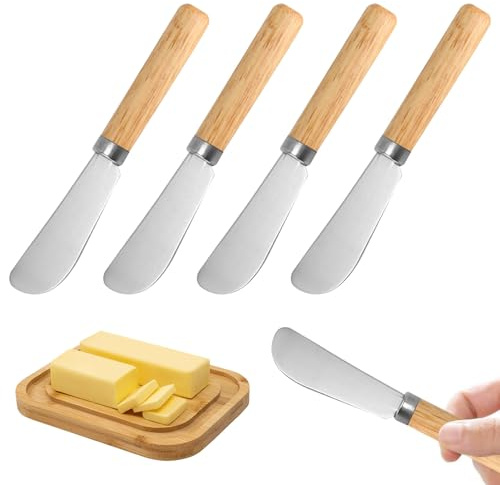 4 PcsCouteau a Beurres, Couteau Beurre Tartineur, 14,7 cmCouteau à Beurres, Petits Couteaux a Beurre et Fromage en Acier Inoxydable avec Manche en Bois pour Confiture Pain Crème, Fromage Cuisine