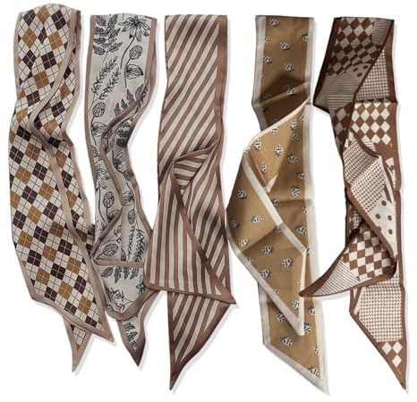 FrostyFlair Satin Scarf Set (5 Pieces) - Versatile Boho Accessories for Hair and Handbags, Includes Satin Wrap, Twill Handle, and Cloth Bandana