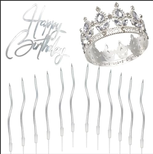 12x Candeline Compleanno,Corona und Happy Birthday Cake Topper Argento | Metallica Candele Compleanno con Supporto,Candeline Lunghe Compleanno Sottili,Coroncina Compleanno Argento per Torte