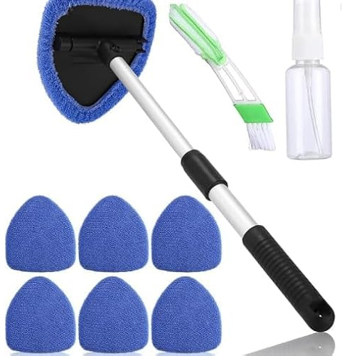 Car Windscreen Cleaner Tool,Car Window Cleaner Tool | Telescopic Handle Car Cleaning Kit with 6 Reusable Microfiber Pads, Auto Windshield Cleaner for Interior Exterior Glass