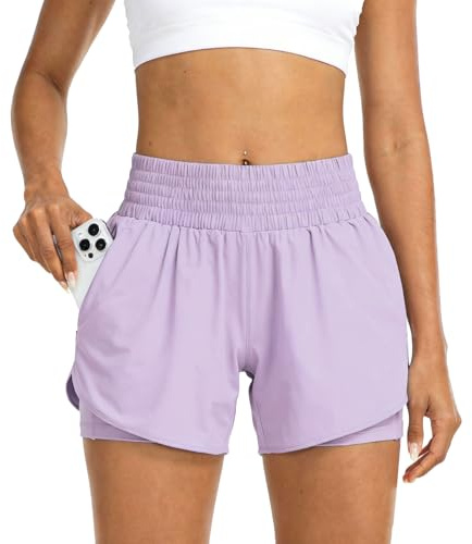 GOZINA Womens 2-in-1 Running Shorts with Phone Pocket, Lightweight Gym Yoga Ladies Sports Shorts for Running, Hiking & Training